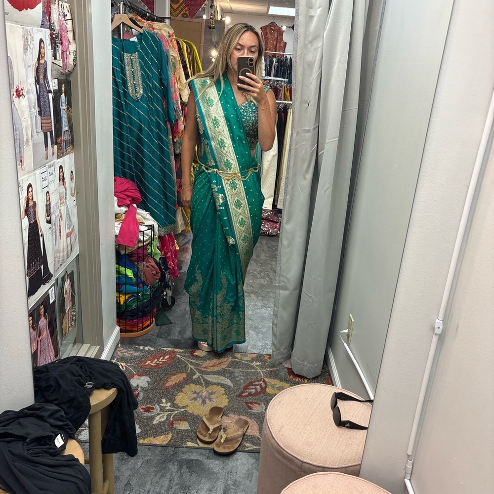 Pre-Stitched Elegant Green Saree with Gold Accents